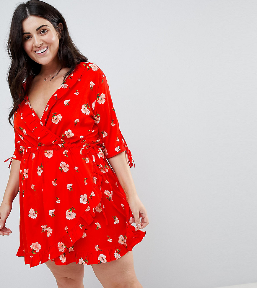 Influence Plus Ruffle Front Floral Wrap Dress - Red
