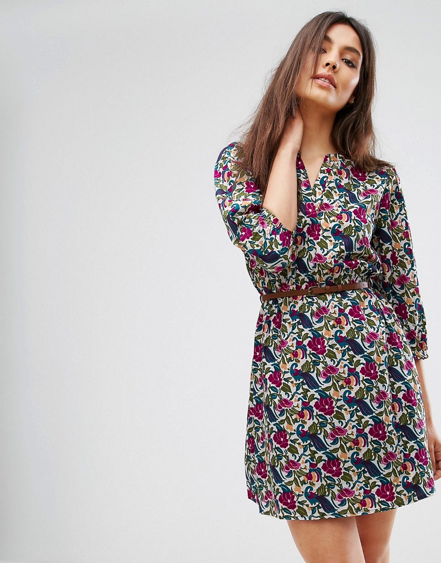 Yumi Belted Dress With 3/4 Sleeves In Nouveau Floral Print - Multi