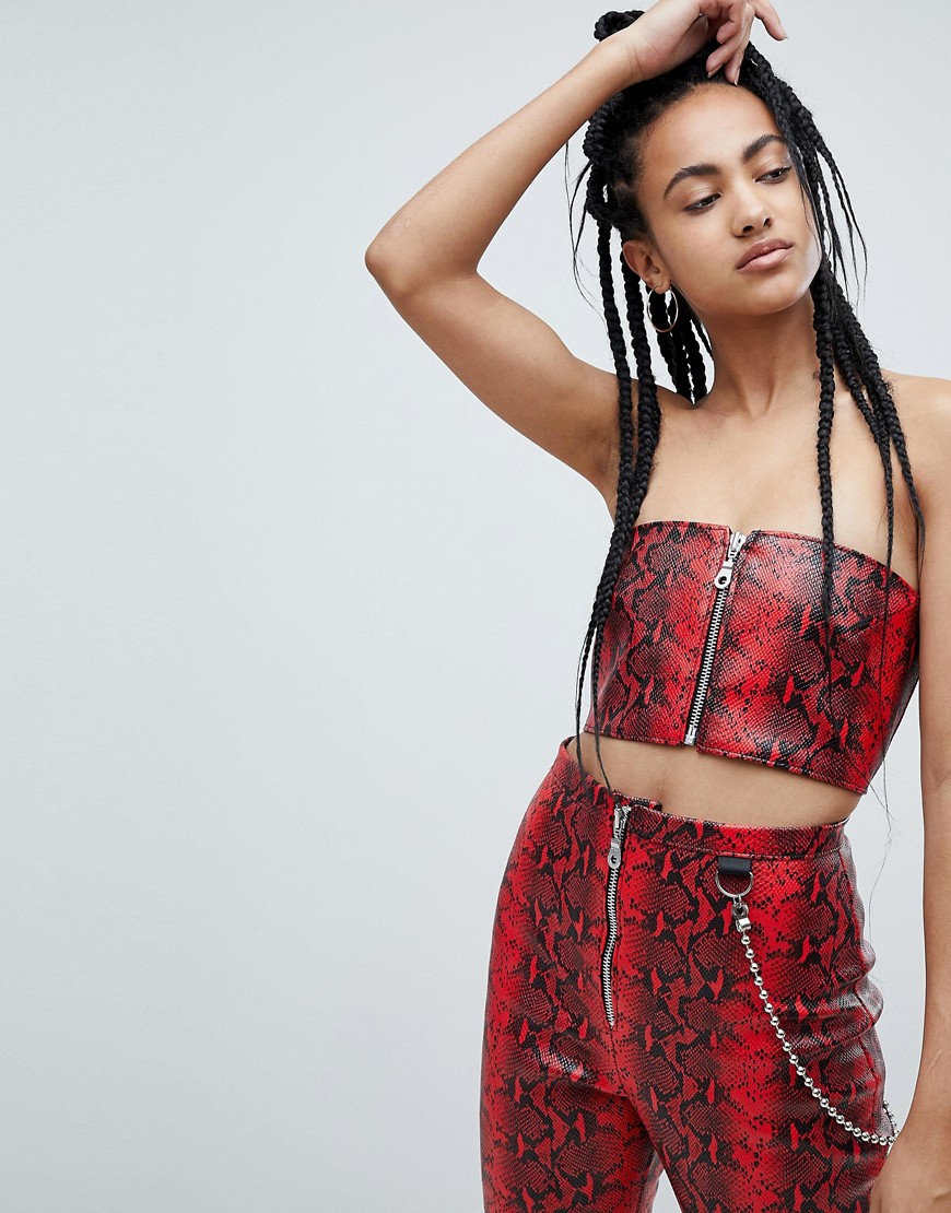 The Ragged Priest Bandeau Top In Faux Snakeskin Leather - Red