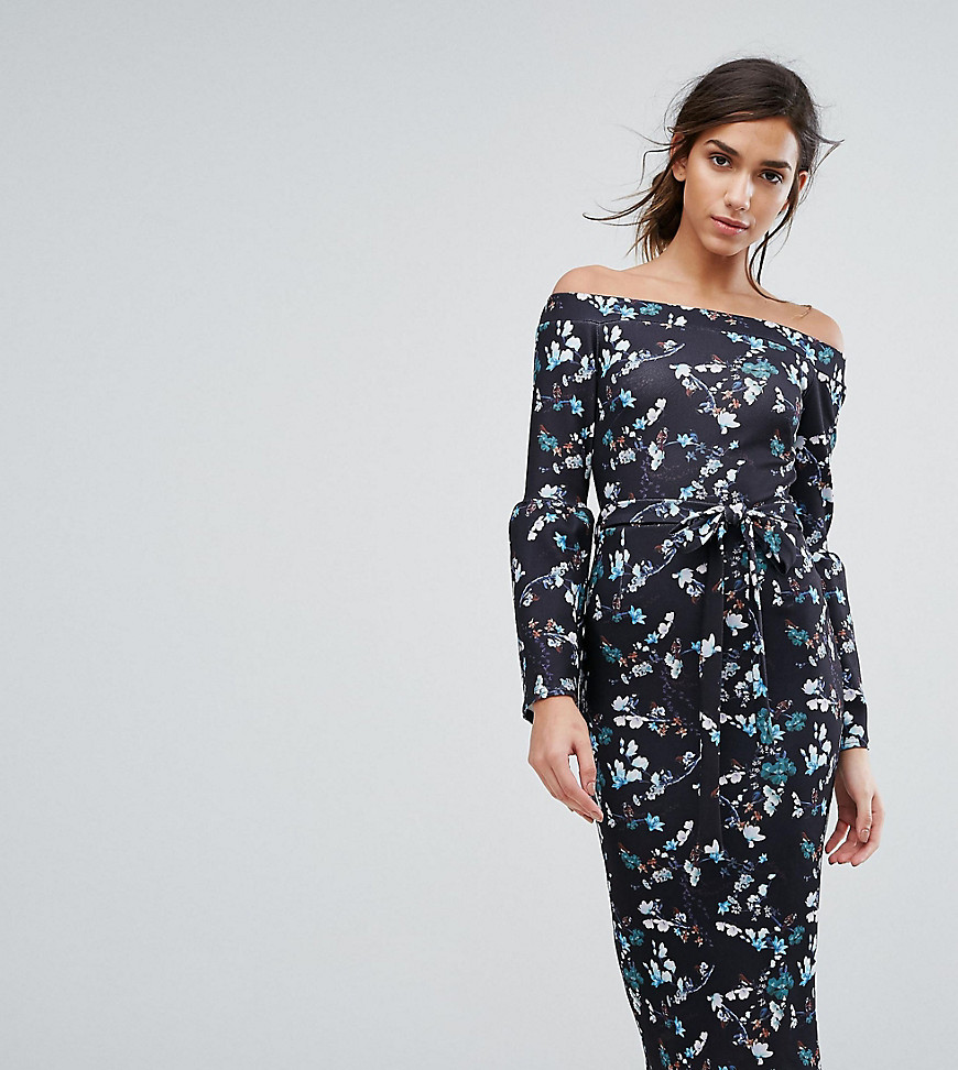 Silver Bloom Bardot Midi Dress in Ditsy Floral with Exaggerated Sleeve - Midnight floral