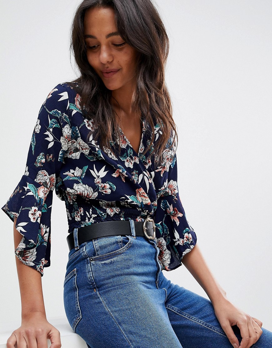 Ax Paris Floral Crop Top With Flute Sleeve - Navy