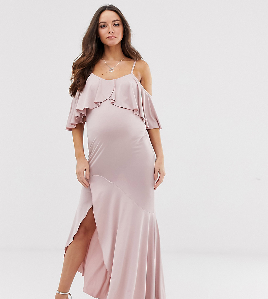 Flounce London Maternity satin Stretch midi dress with cold shoulder with frill detail in mauve
