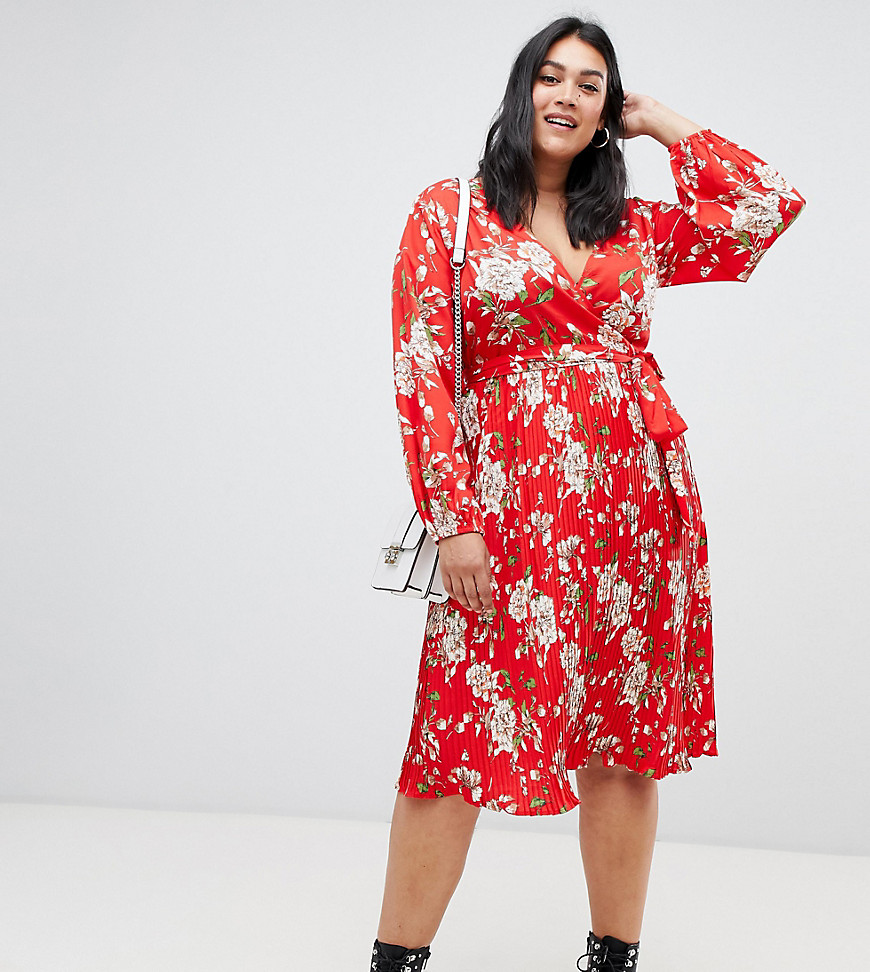 Influence Plus mid floral dress with pleated skirt and tie waist