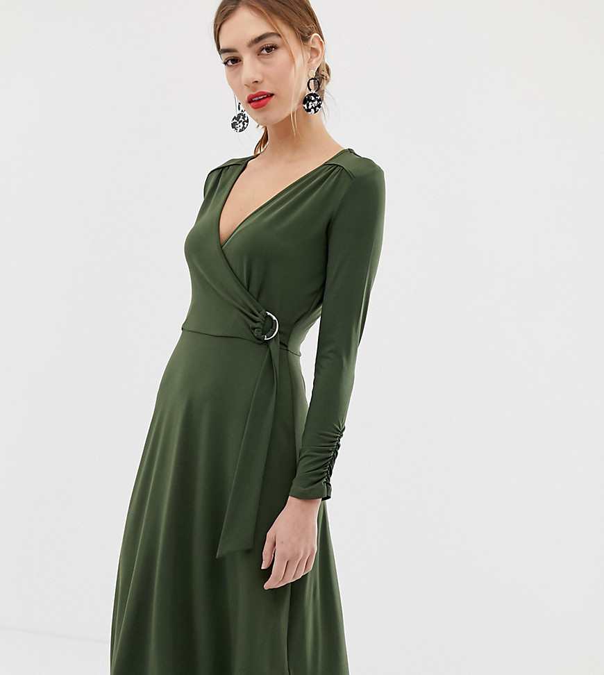 Oasis wrap dress with ring detail in khaki