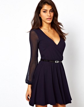 Image 1 of ASOS Skater Dress With Chiffon Sleeves And Belt