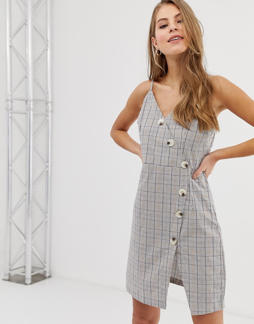QED London button front cami strap dress in grey check