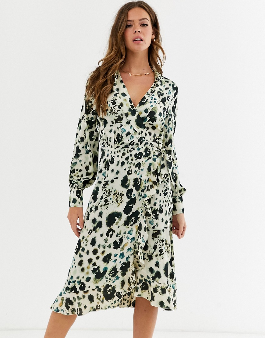 Influence wrap front satin midi dress in abstract leopard print