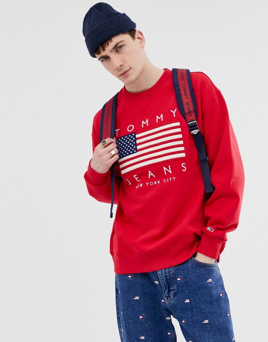 Tommy Jeans US Flag Capsule logo print crew neck sweatshirt in red
