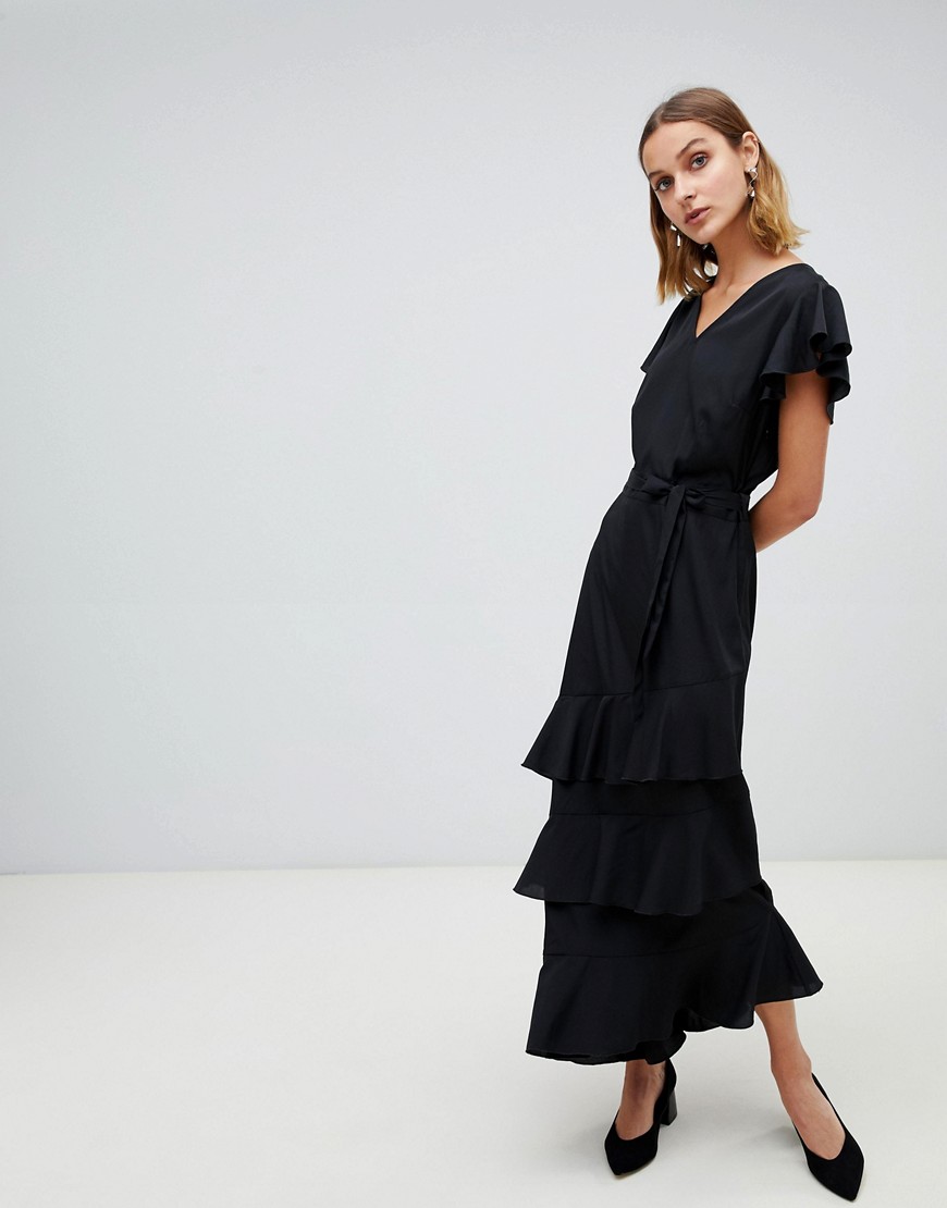 Vero Moda Ruffle Sleeve Asymmetric Maxi Dress - Black