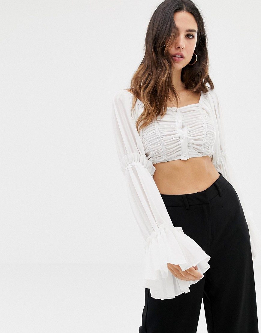 Club L square neck pleated ruffle top in white