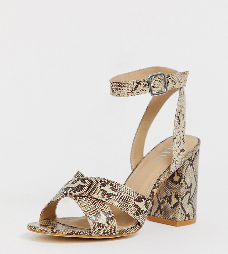 RAID Wide Fit Juniper snake block heeled sandals