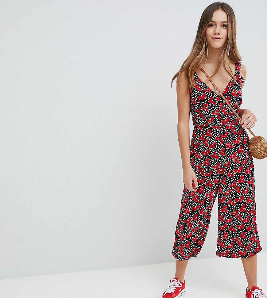 Glamorous Petite Relaxed Jumpsuit With Button Front In Cherry Blossom Polka Dot