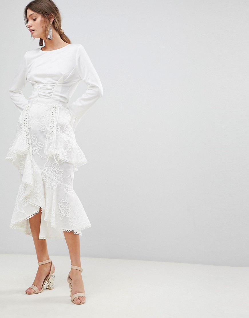 True Decadence Premium Asymmetric Ruffle Lace Midi Skirt - White