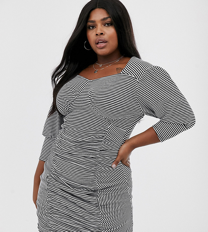 Another Reason Plus ruched front mini bodycon dress with puff sleeves in stripe