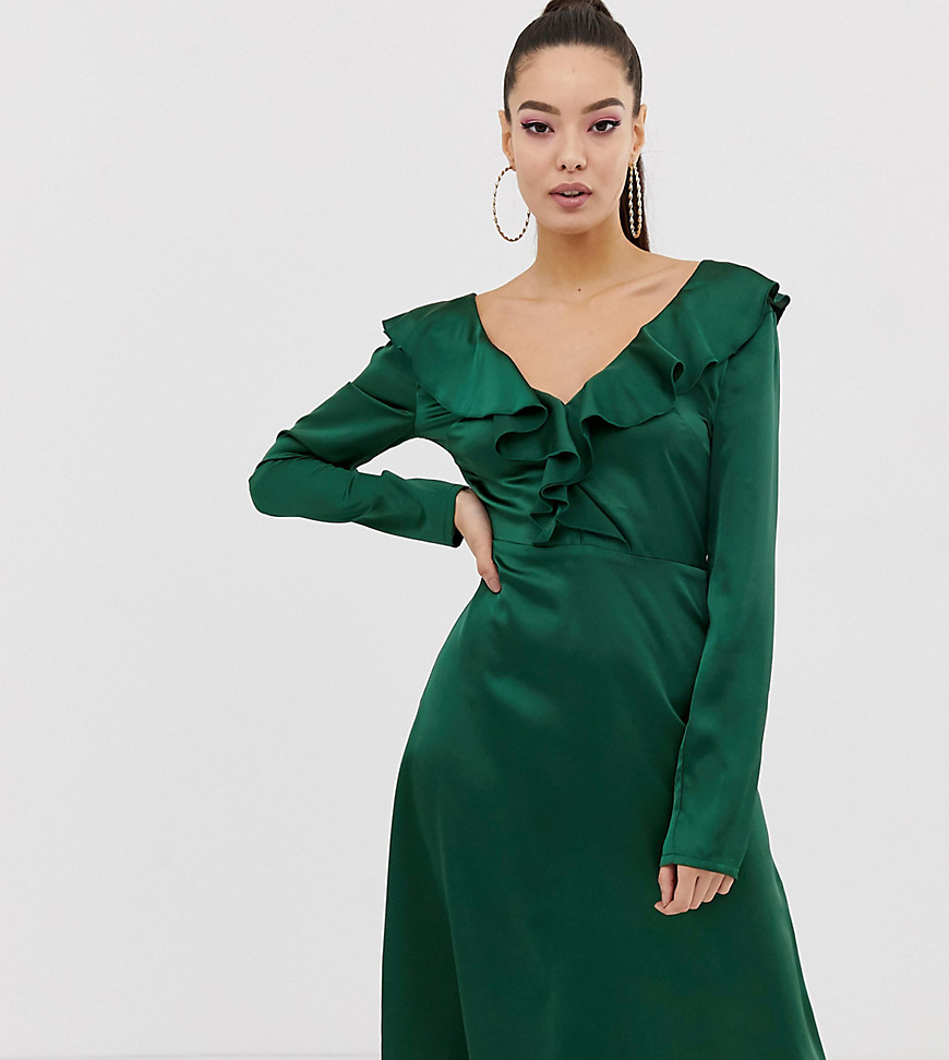 Missguided satin frill detail v neck midi dress in green