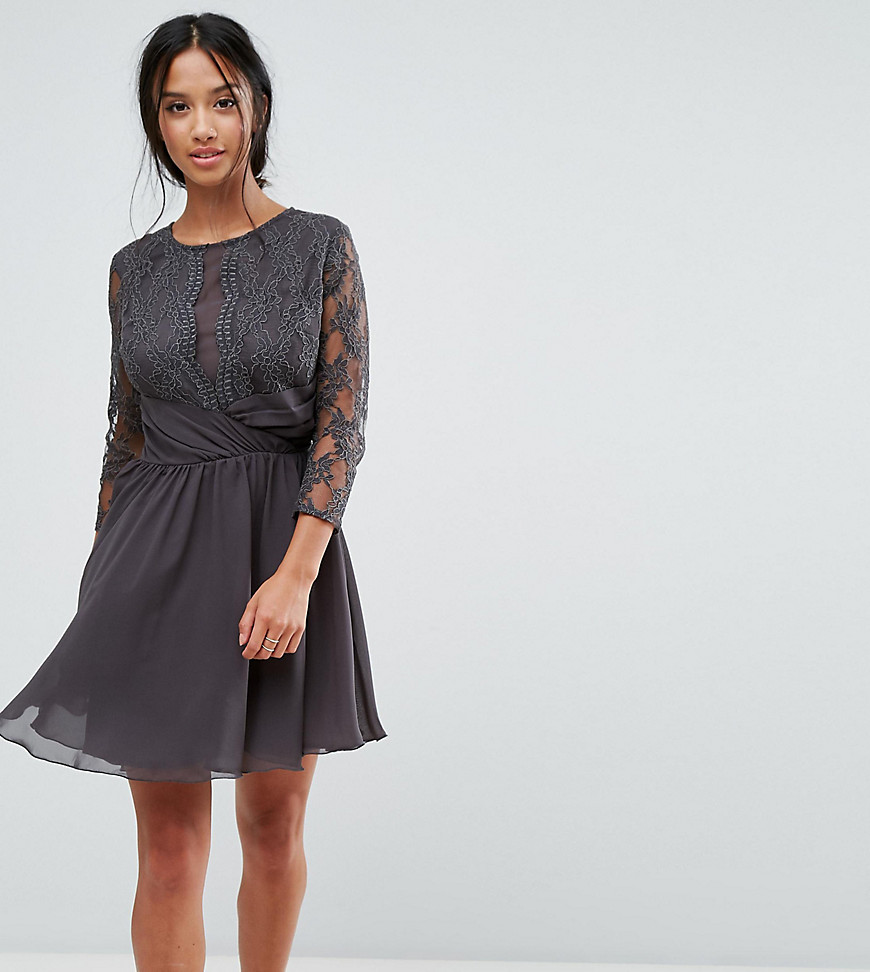Elise Ryan Petite Ruched Waist Lace Midi Dress With 3/4 Length Sleeve - Dark grey