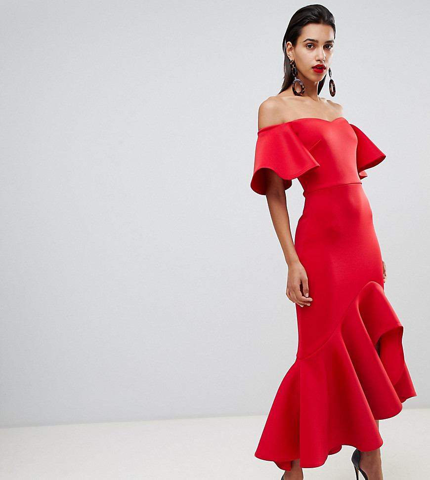 True Violet bardot midi dress with dramatic frill detail in red - Red