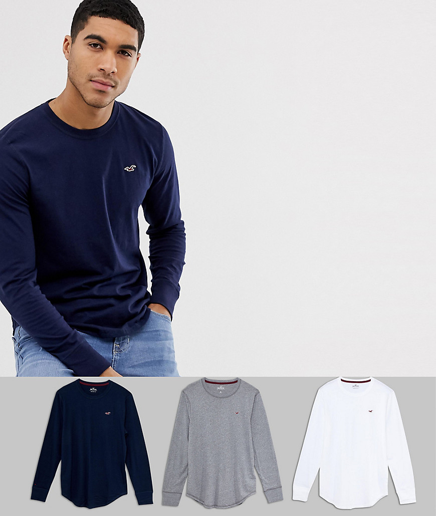 Hollister 3 pack seagull logo long sleeve top in white/navy & grey marl