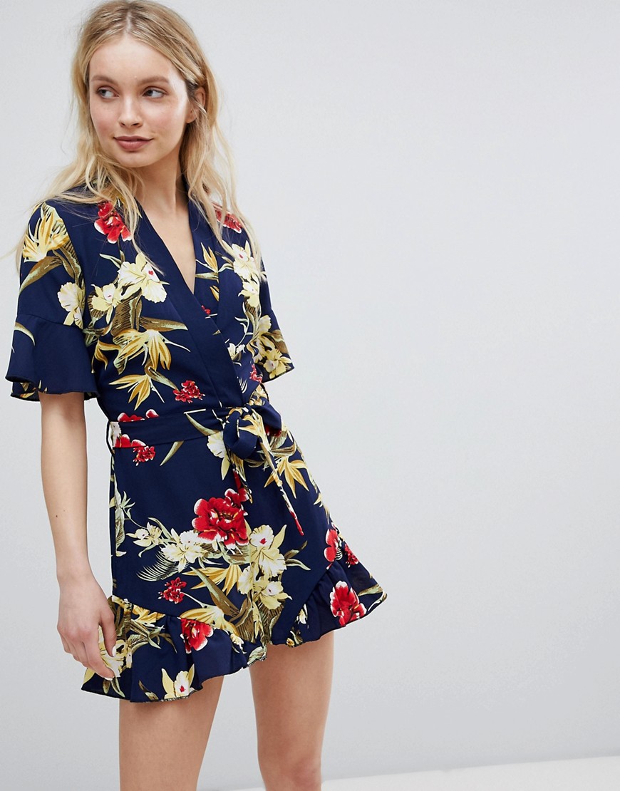 Parisian Floral Print Wrap Playsuit With Frill Detail - Navy