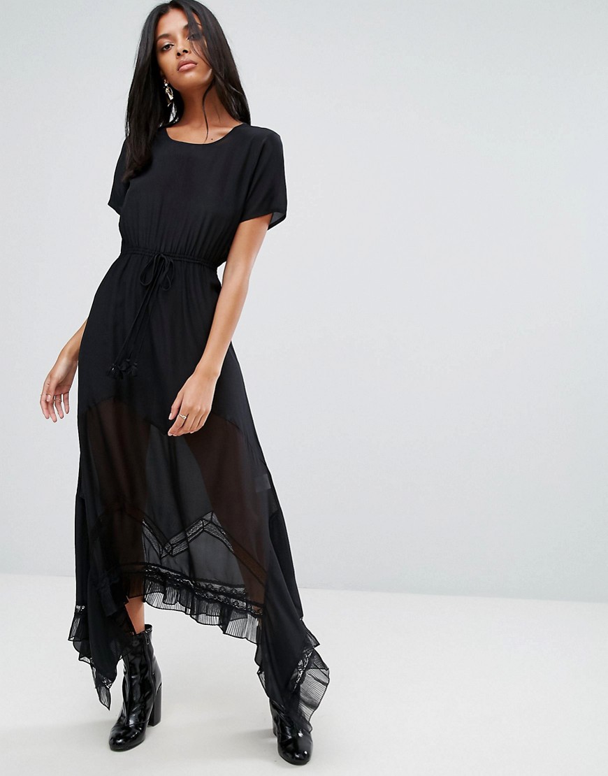 To Be Adored Inka Silk Maxi Dress with Lace Stepped Hem - Black