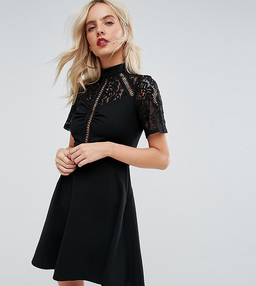 ASOS PETITE High Neck Skater Dress with Lace Panel - Black