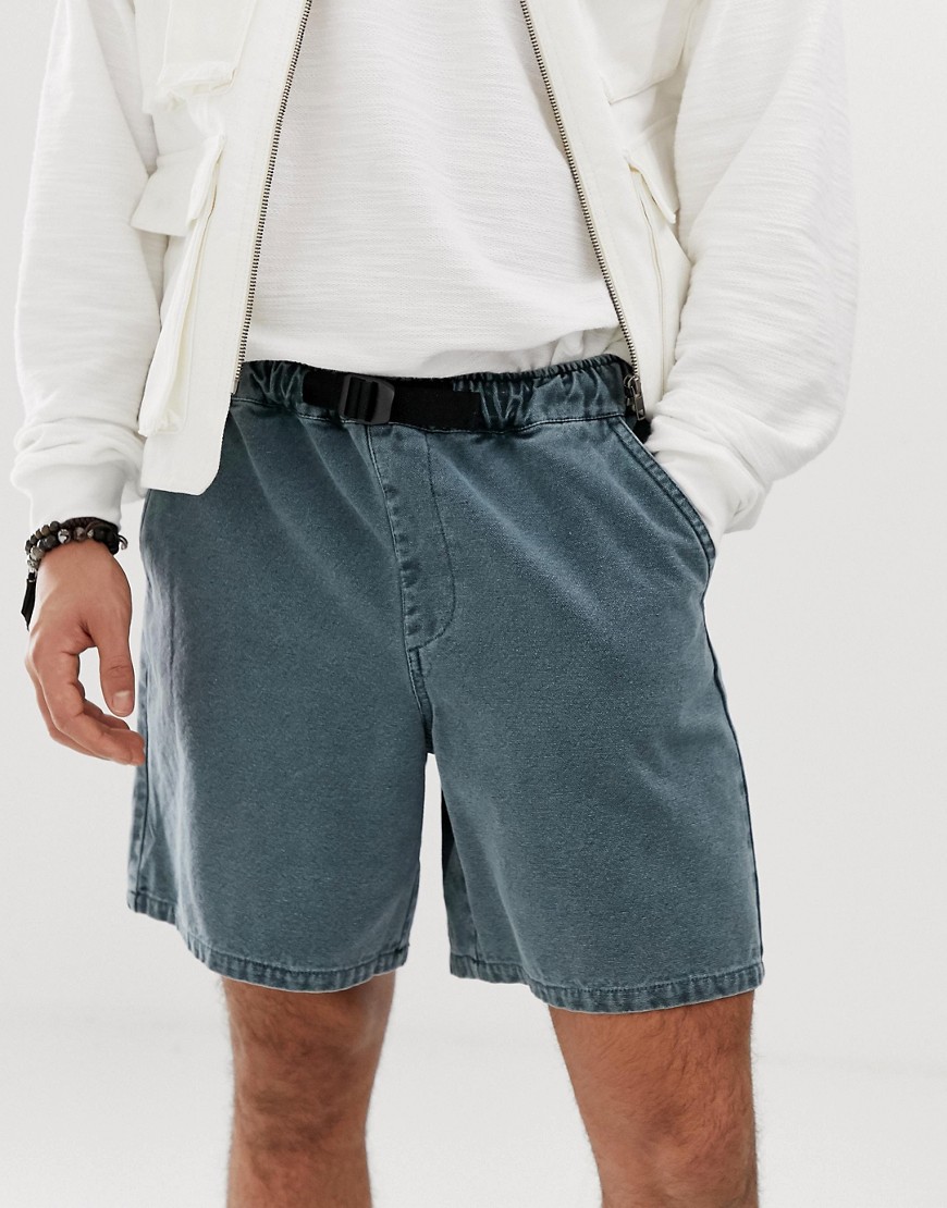 ASOS DESIGN slim utility shorts in washed blue canvas with belt