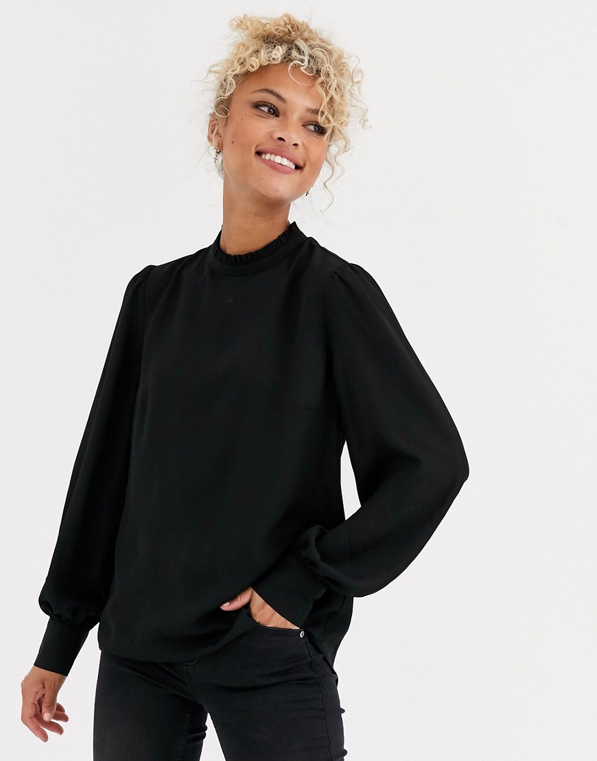 New Look frill high neck detail top in black