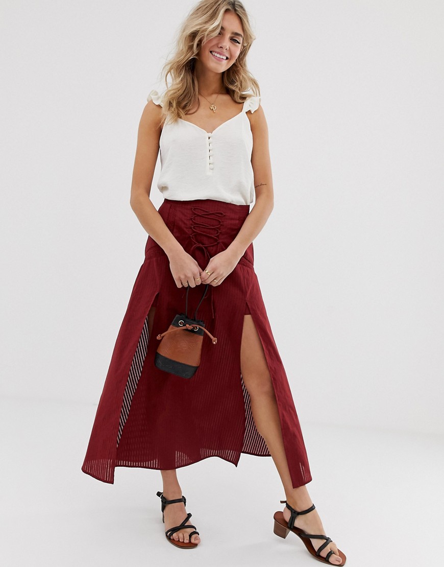 ASOS DESIGN tie front midi skirt with lace inserts and splits