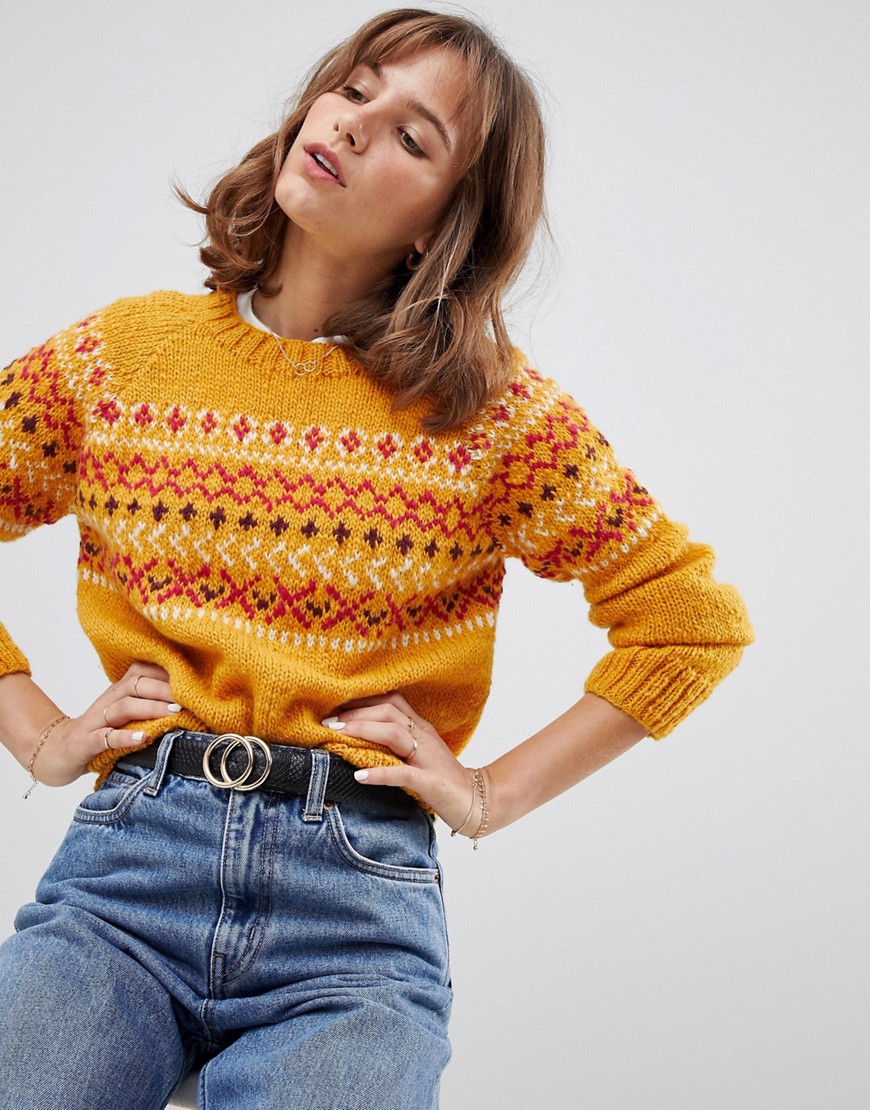 People Tree Hand Knitted Jumper In Fair isle Knit - Mustard