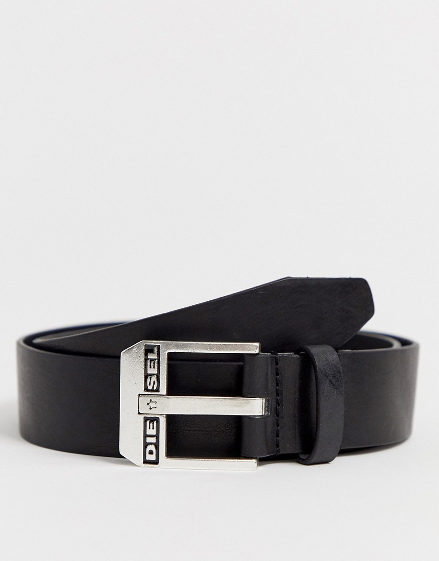 Diesel logo buckle leather belt in black