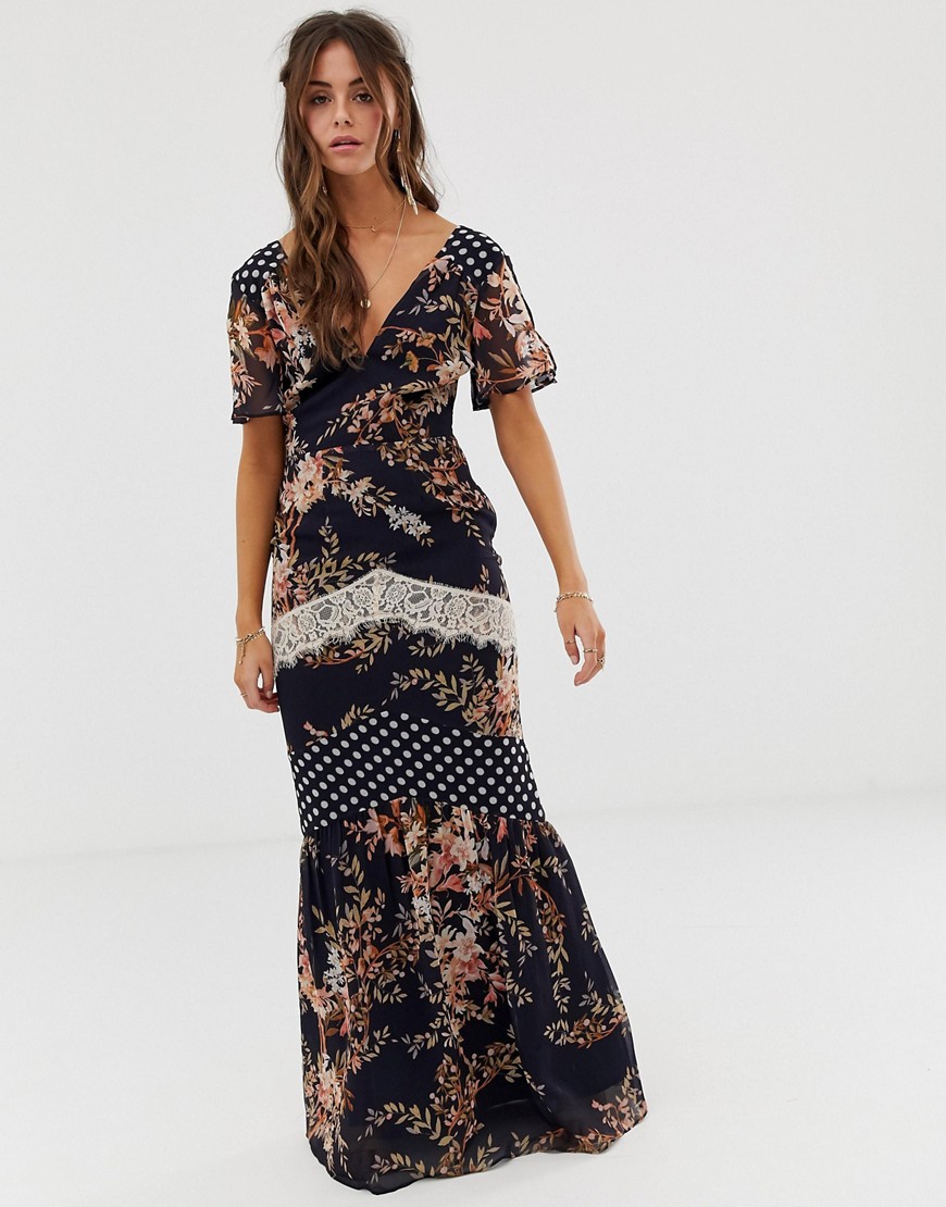 Hope & Ivy Mix And Match Printed Maxi Dress With Lace Trim Detail