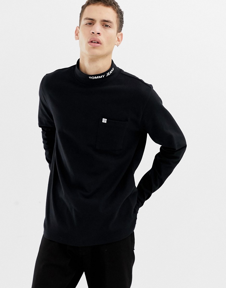 Tommy Jeans regular fit mock neck long sleeve t-shirt with small logo on pocket in black