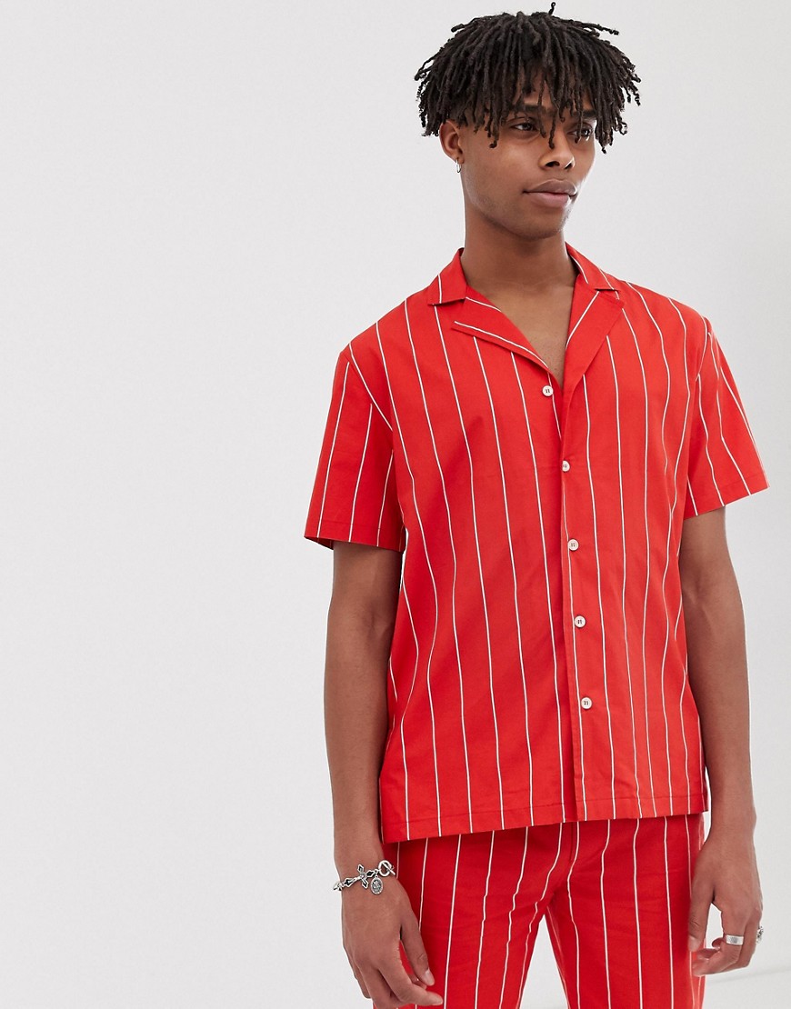 Sacred Hawk co-ord revere collar shirt in red stripe