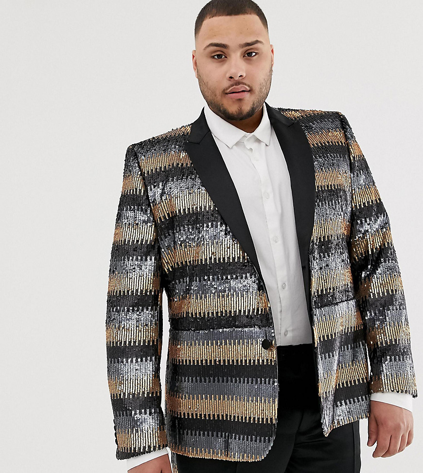 ASOS EDITION Plus skinny suit jacket in grey and gold sequins