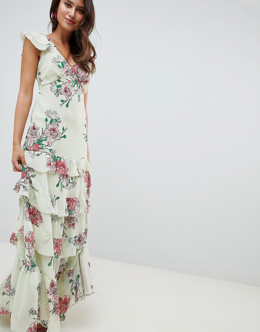 Asos Design Tiered Ruffle Maxi Dress In Floral Print-multi