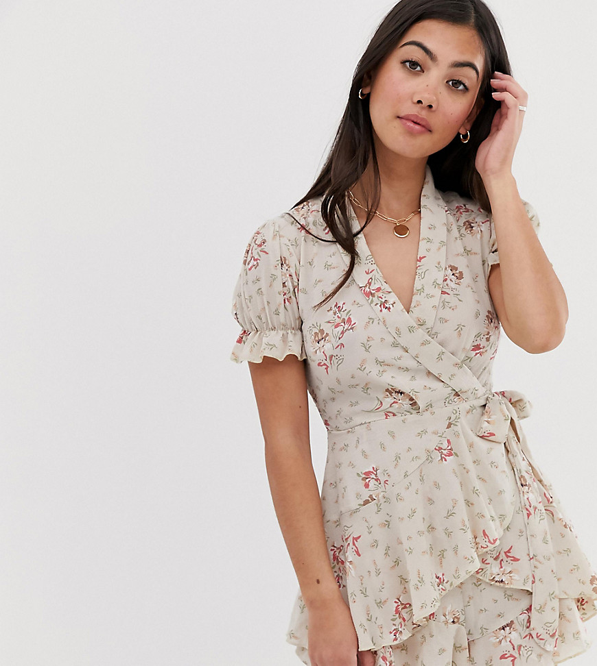 Sisters Of The Tribe Petite wrap front playsuit in ditsy floral