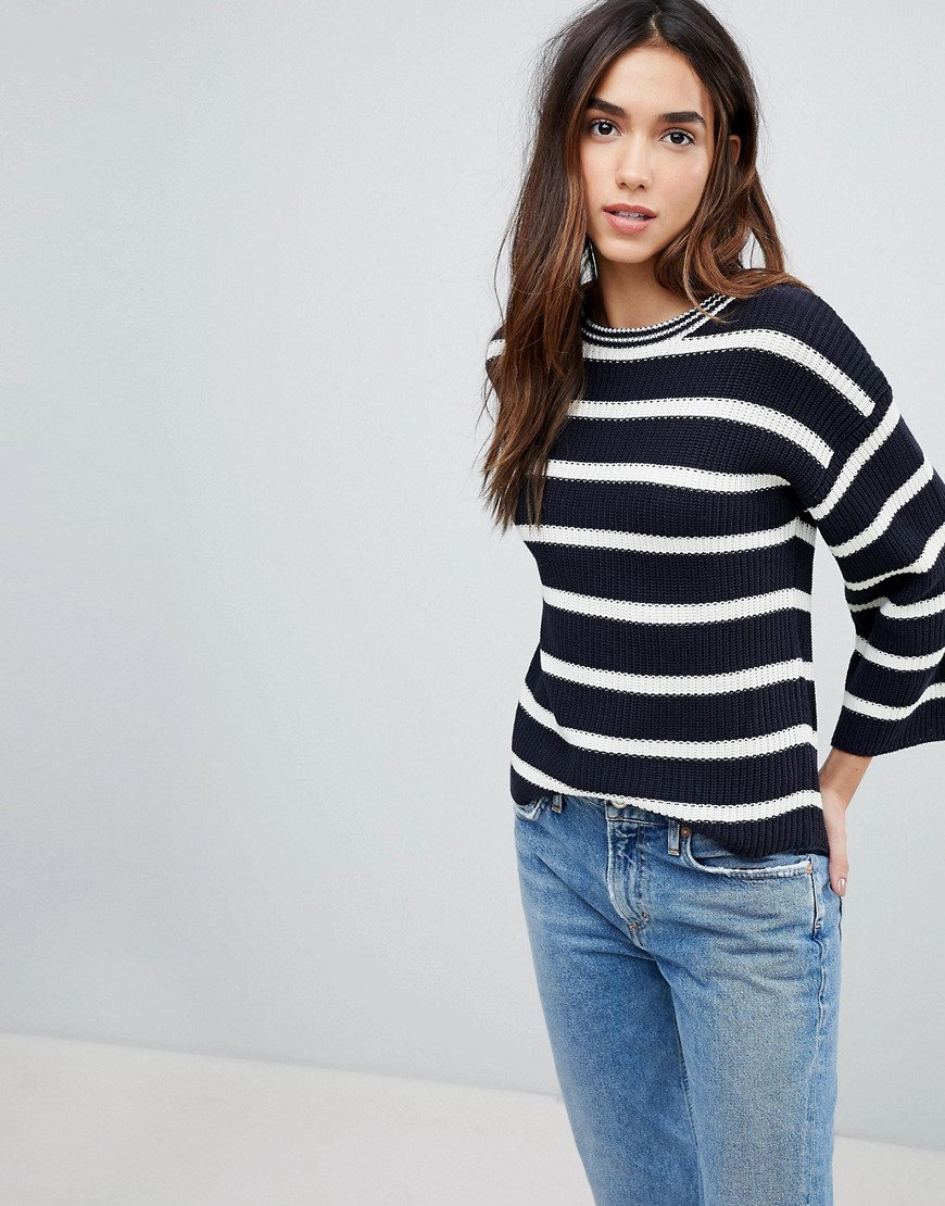Brave Soul Treen Stripe Jumper With Wide Sleeves - Navy/cream