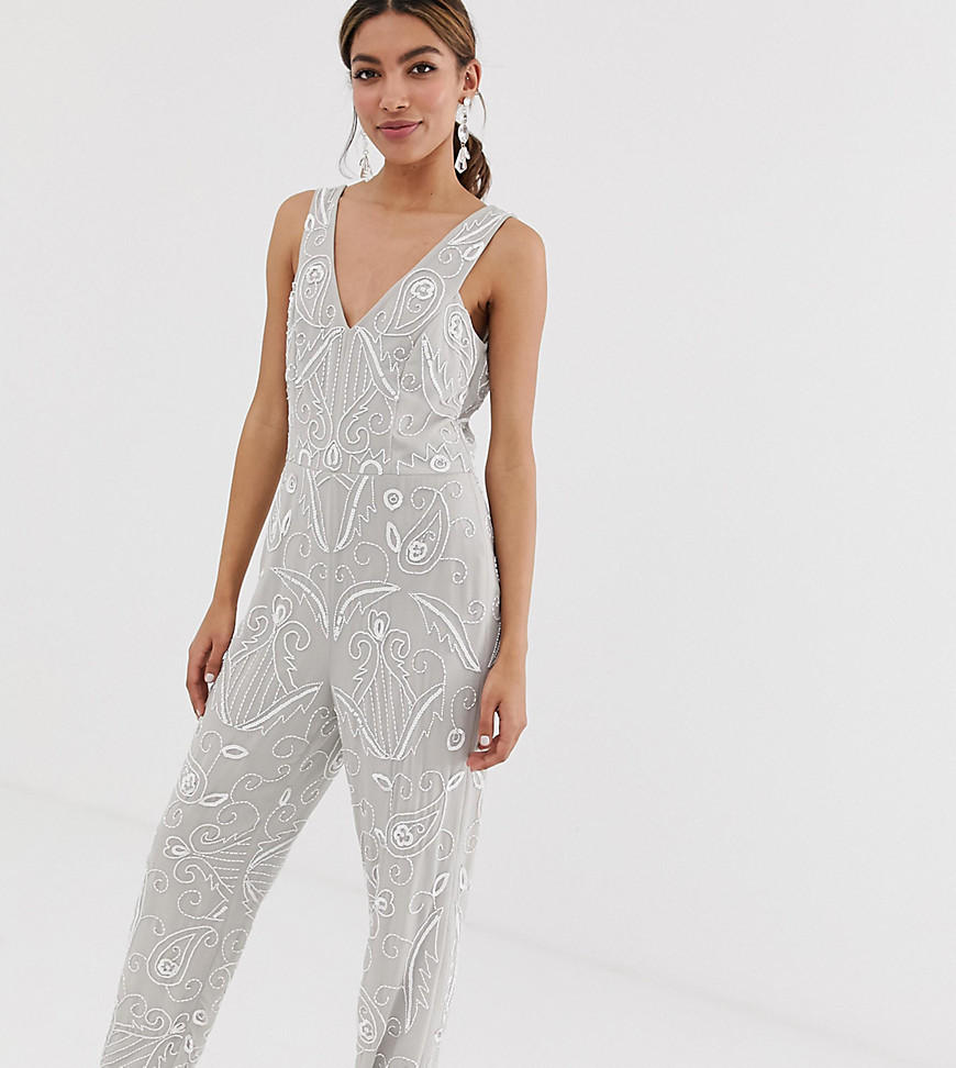Miss Selfridge tapered leg jumpsuit with embellishment in grey