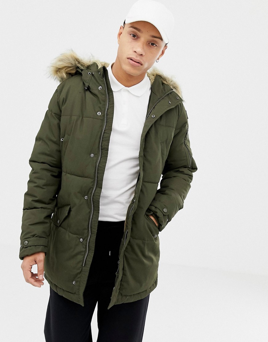 Schott lincoln 18x quilted hooded parka jacket detachable faux fur trim slim fit in green