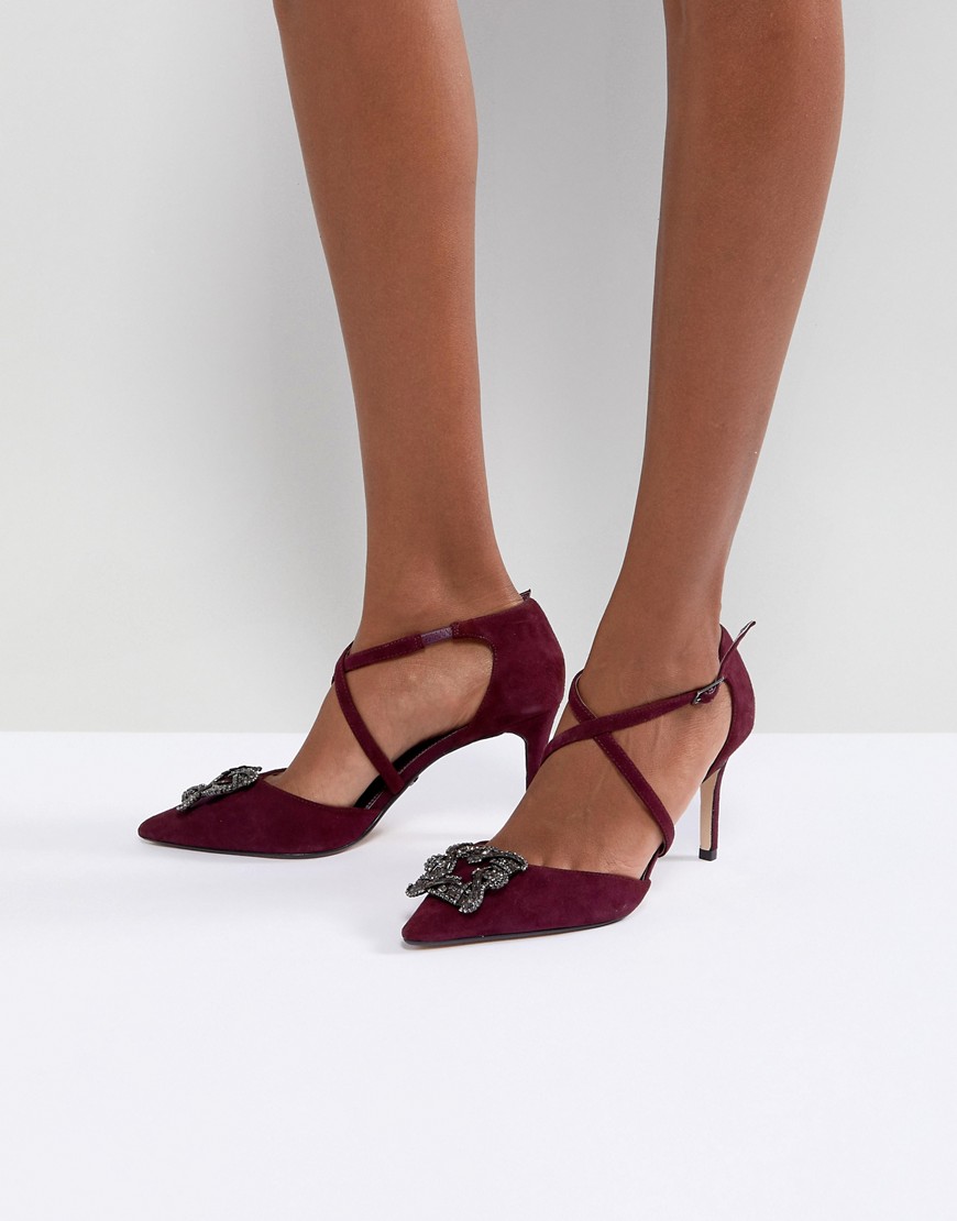 Dune London Pointed Shoe with Crystal Embellishment and Cross Straps - Berry