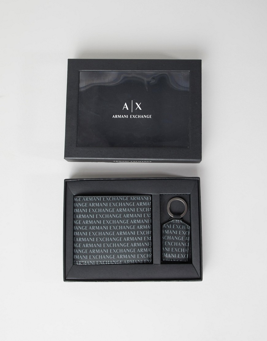 Armani Exchange all over logo wallet & key ring gift set in black - Black