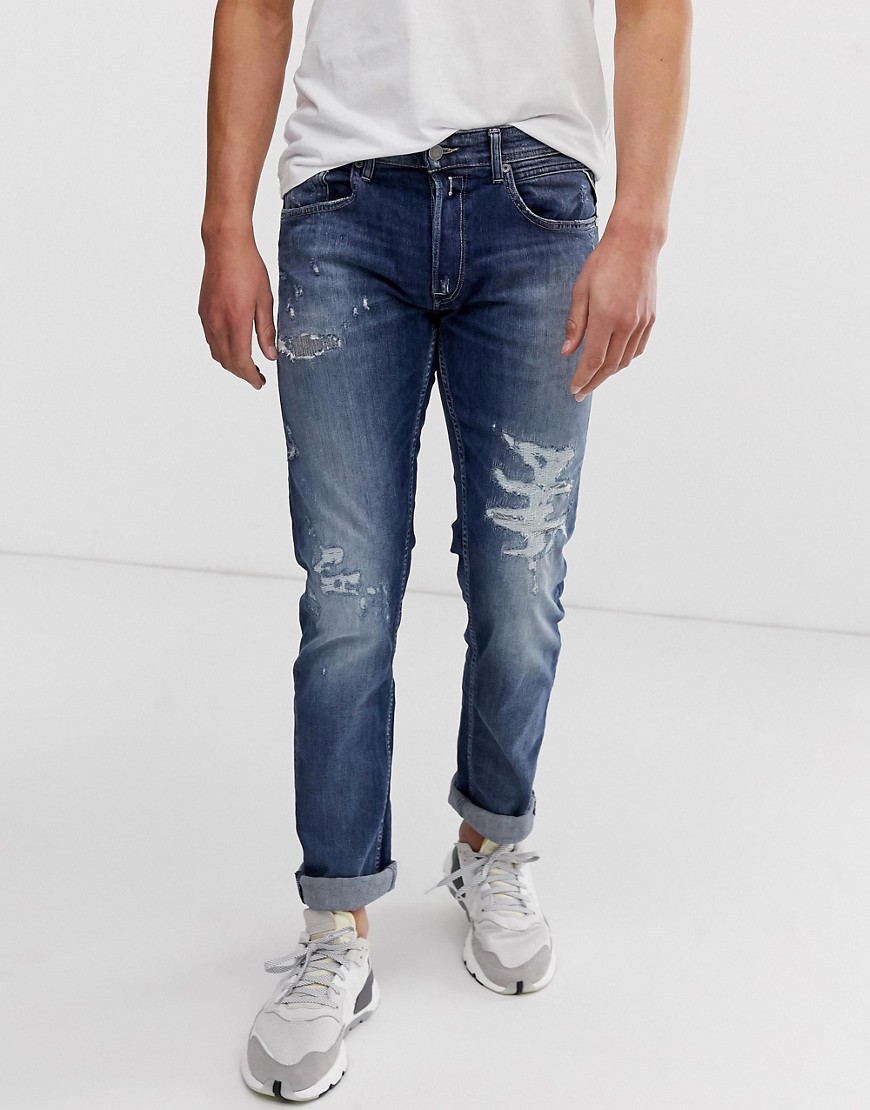 Replay Grover Straight Super Stretch Rip & Repair Jeans
