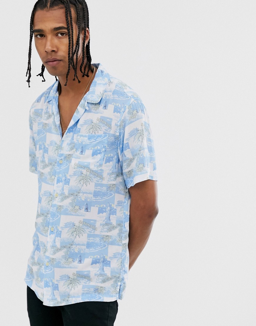 AllSaints revere collar shirt with postcard print in blue