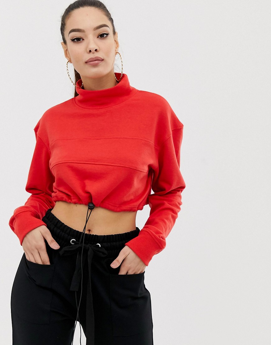 Missguided high neck drawstring cropped sweatshirt in red