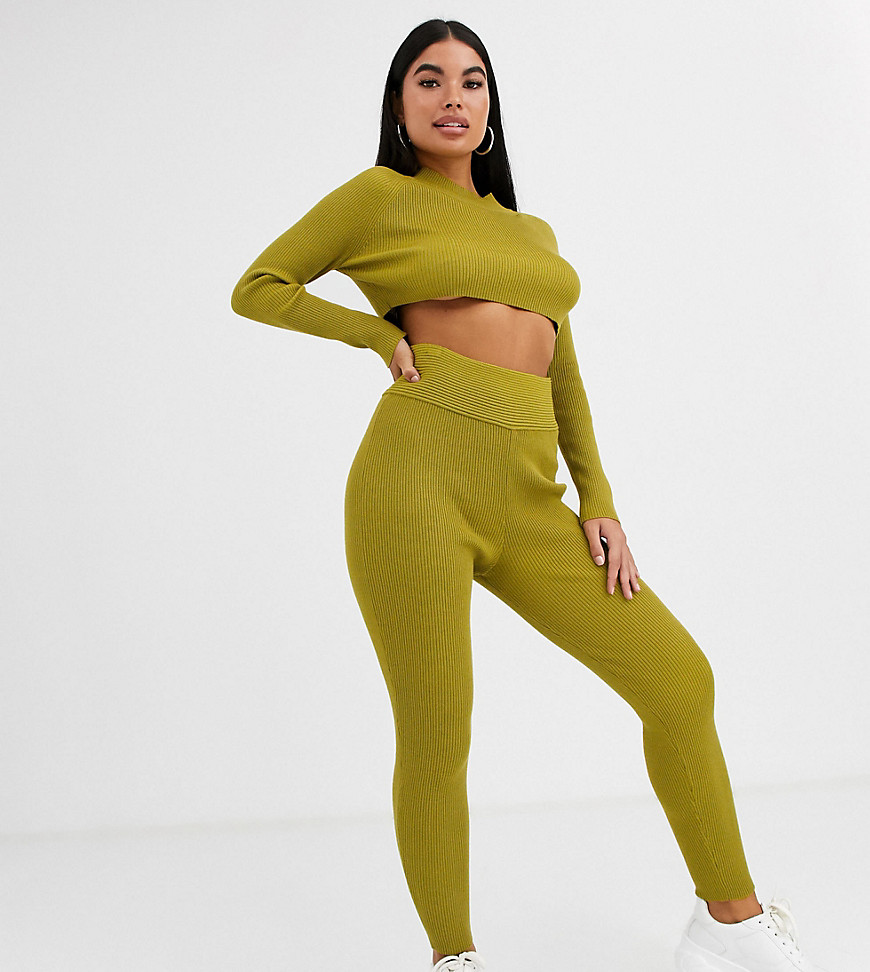 Missguided Petite co-ord ribbed trouser in khaki
