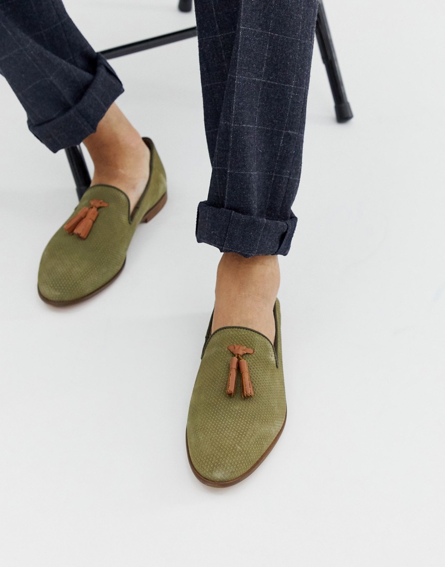 KG by Kurt Geiger loafers in green suede with contrast tassel detail