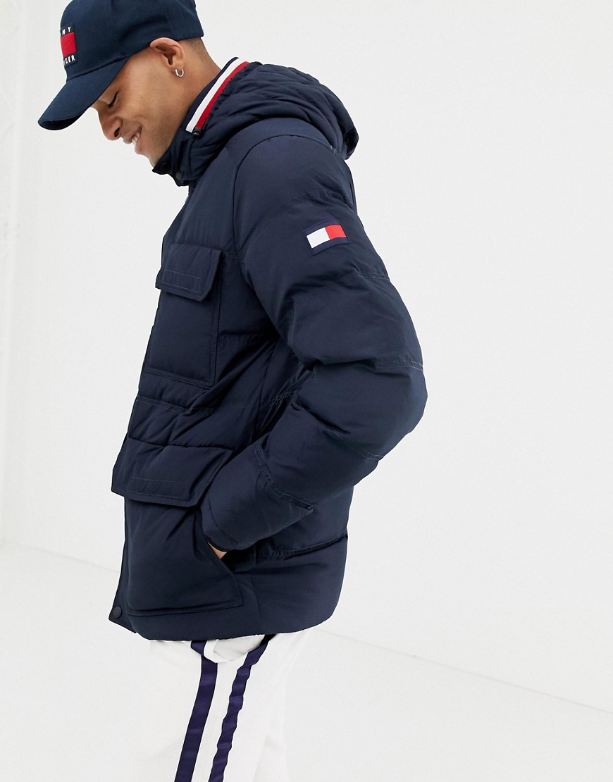 Tommy Hilfiger down hooded puffer jacket in navy - Sky captain