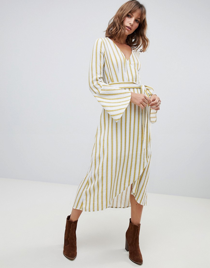 Moon River wrap dress in mustard stripe