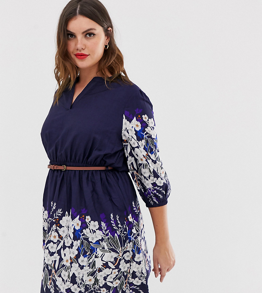 Yumi Plus belted dress with 3/4 sleeves in floral border print