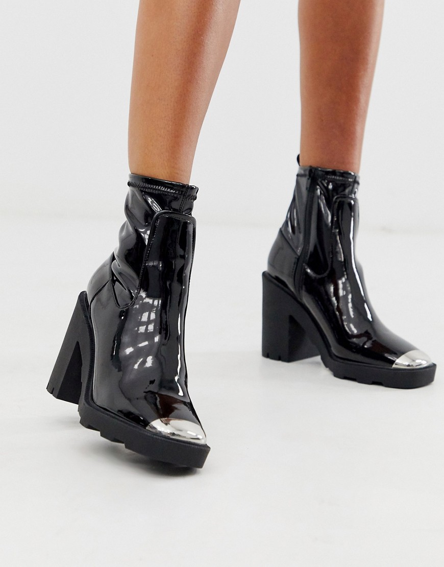 ASOS DESIGN Exchange chunky sock boots in black patent
